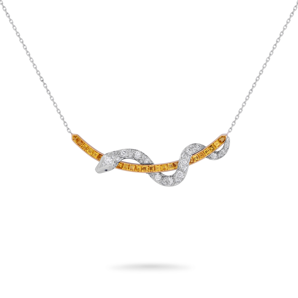 Enchanted Palace Serpent Yellow Sapphire and Diamond Necklace | In 18ct White Gold with Blue Sapphires