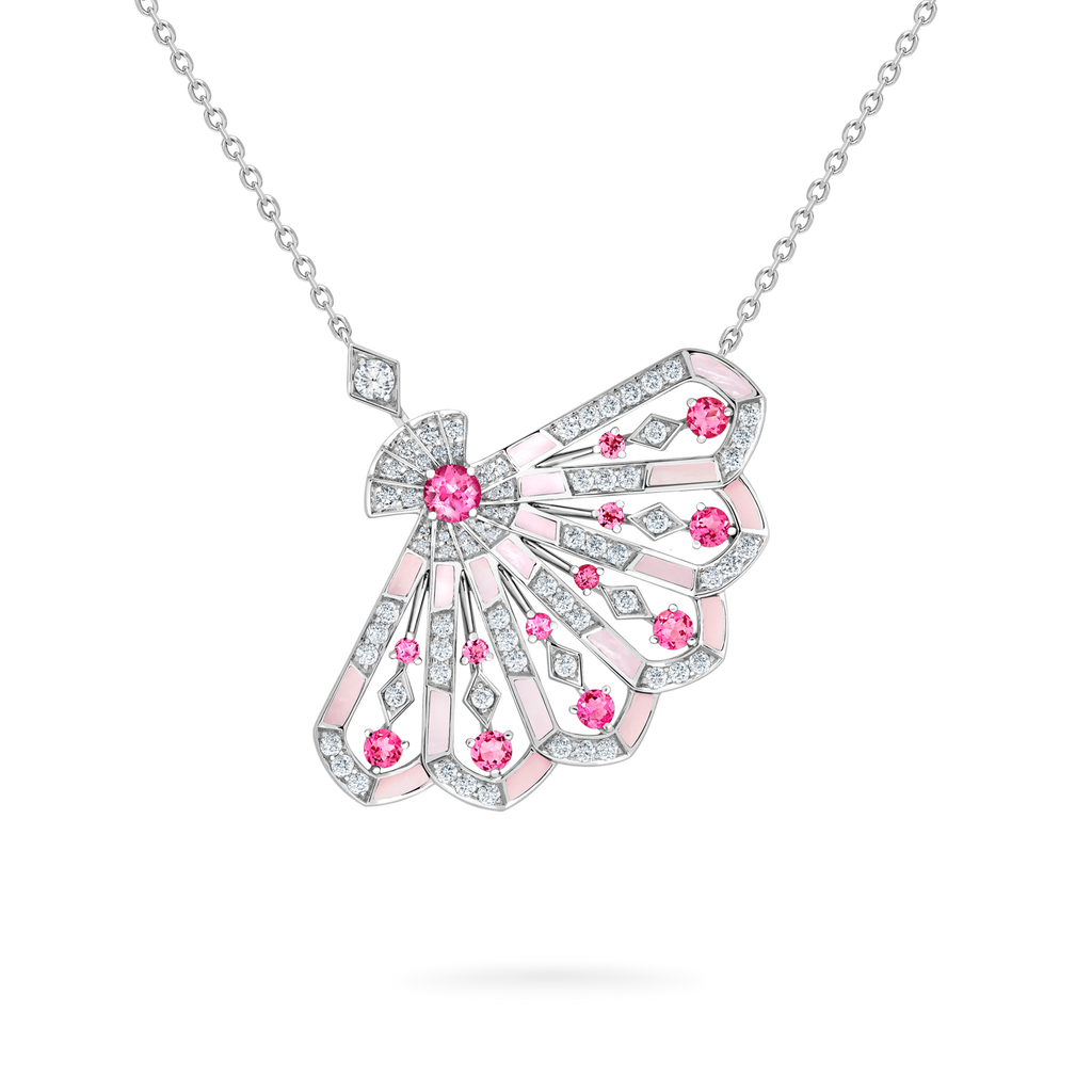Fanfare Symphony Diamond and Pink Tourmaline Pendant | In 18ct White Gold with Pink Opal