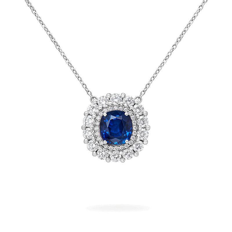 Jewelled Vault 3.88ct Cushion Cut Sapphire and Diamond 1735 Double Cluster Pendant | In Platinum