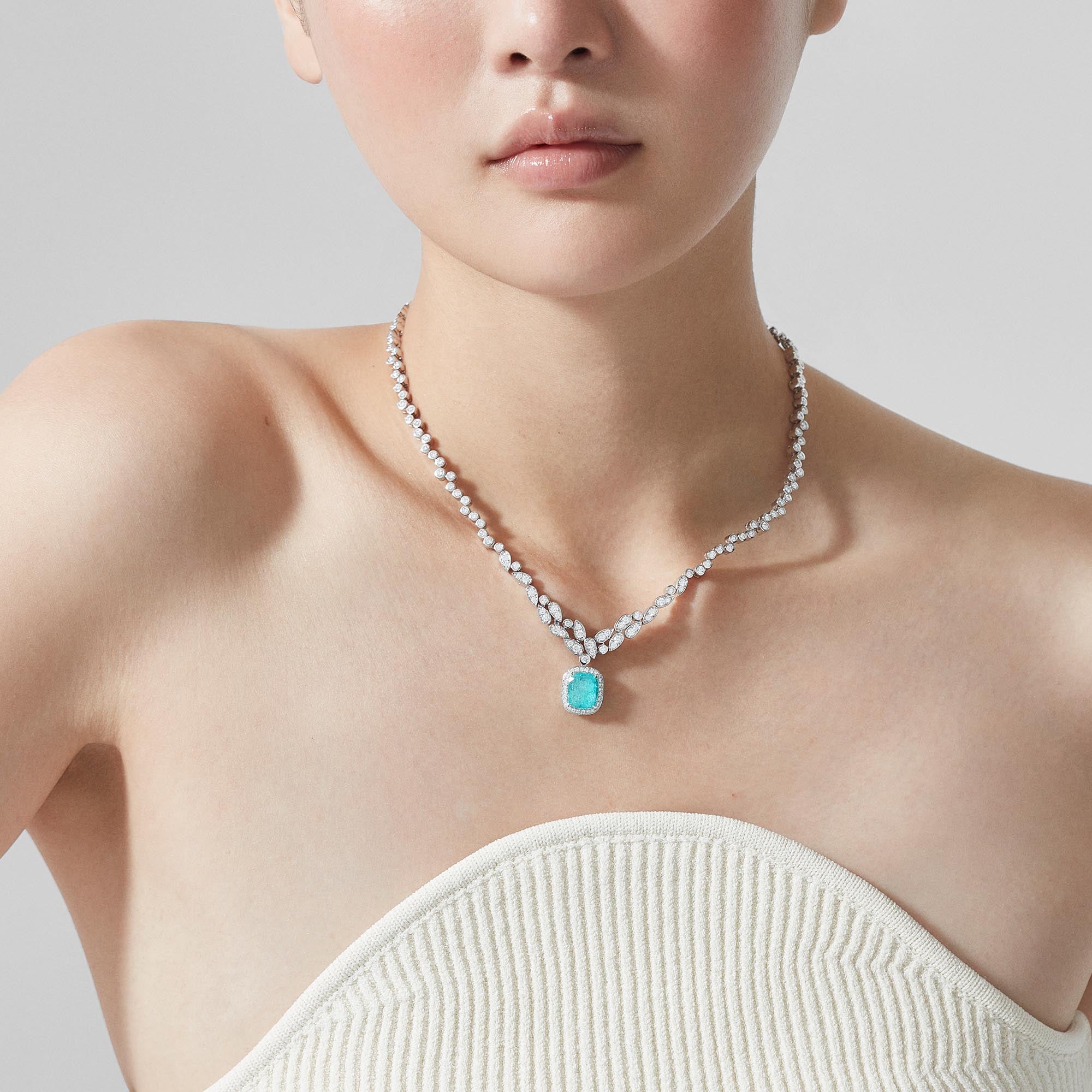 Jewelled Vault 4.22ct Cushion Cut Paraiba Tourmaline and Diamond High Jewellery Necklace|In 18ct White Gold