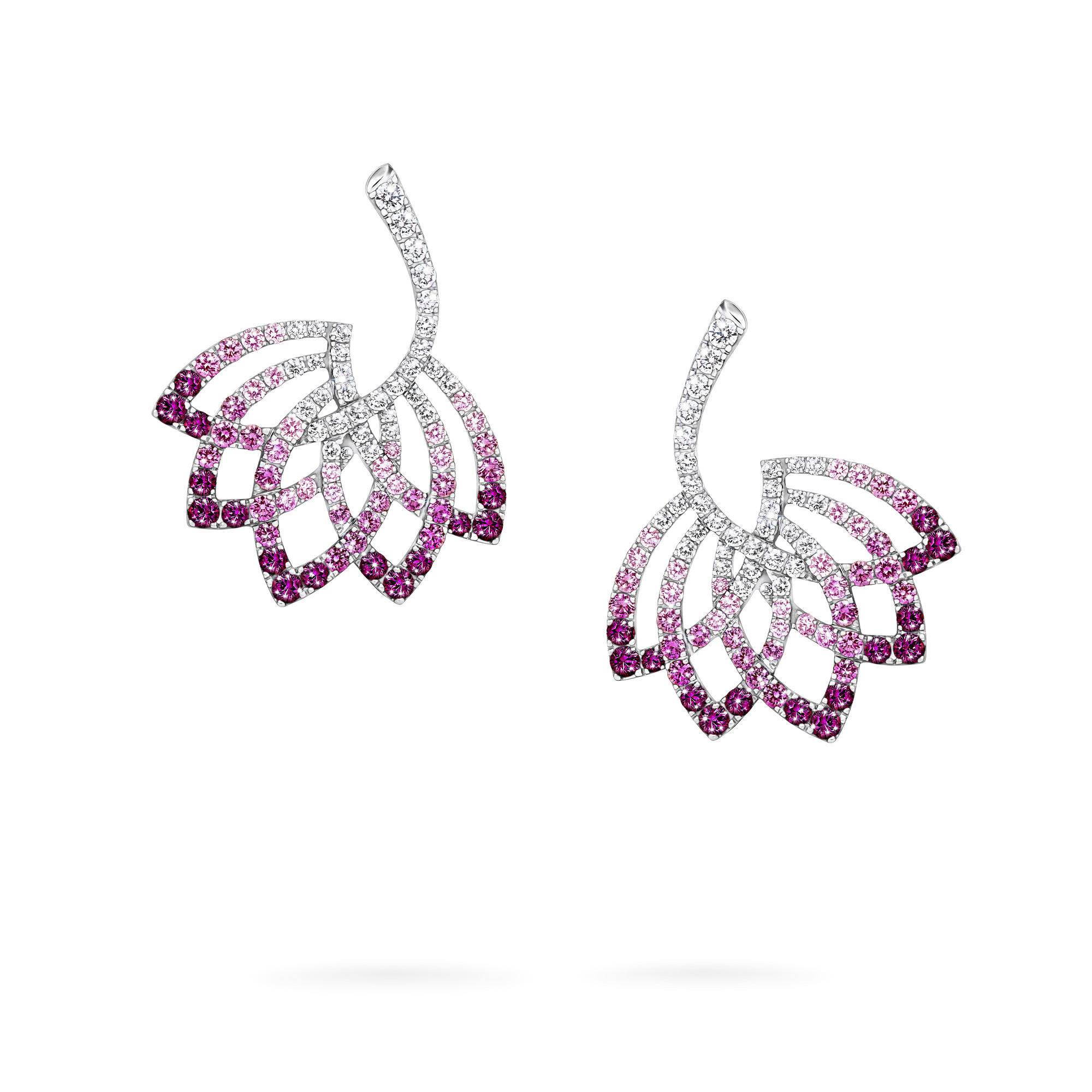 Lotus Flower Pink Sapphire and Diamond Drop Earrings | In 18K White Gold