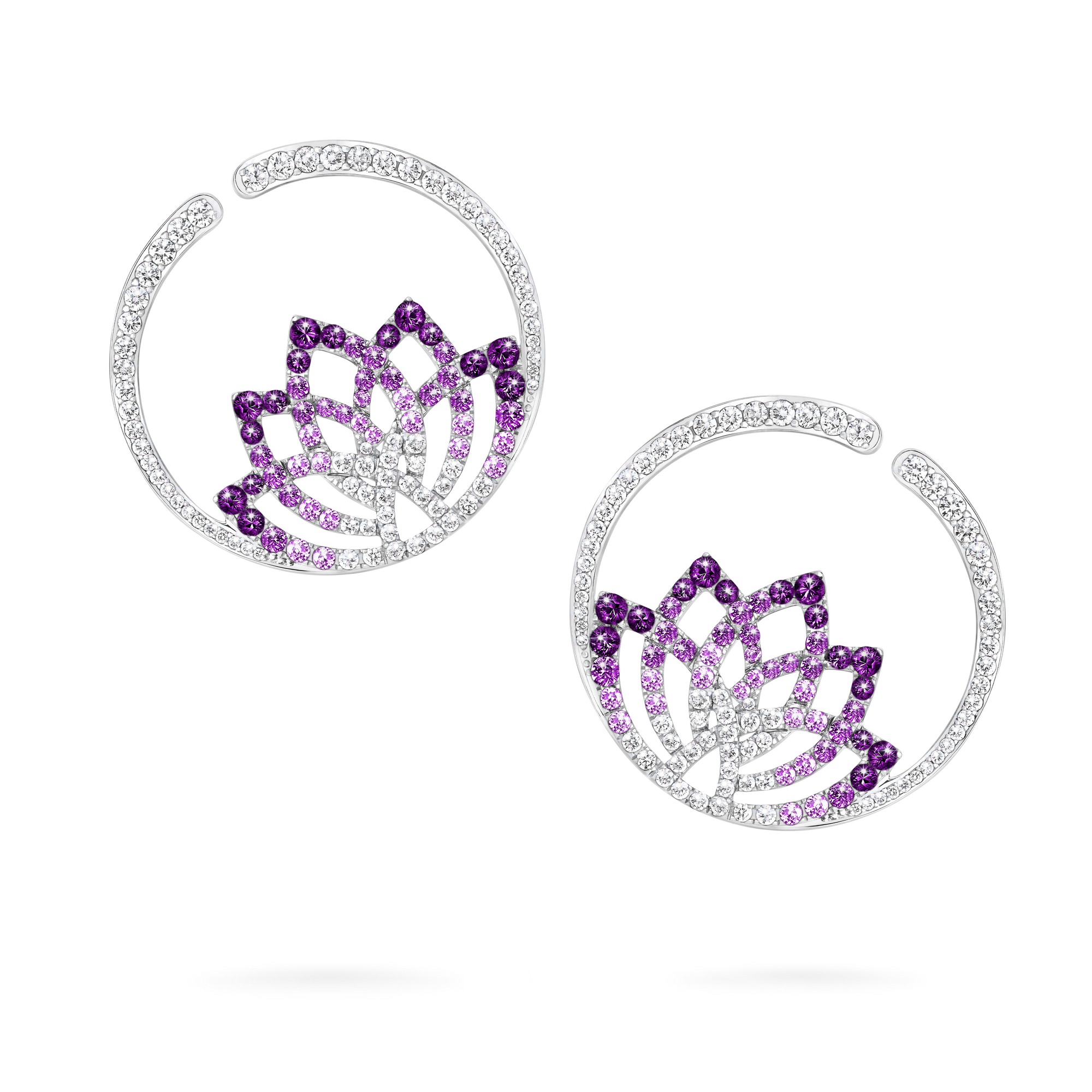 Lotus Flower Purple Sapphire and Diamond Hoop Earrings | In 18K White Gold