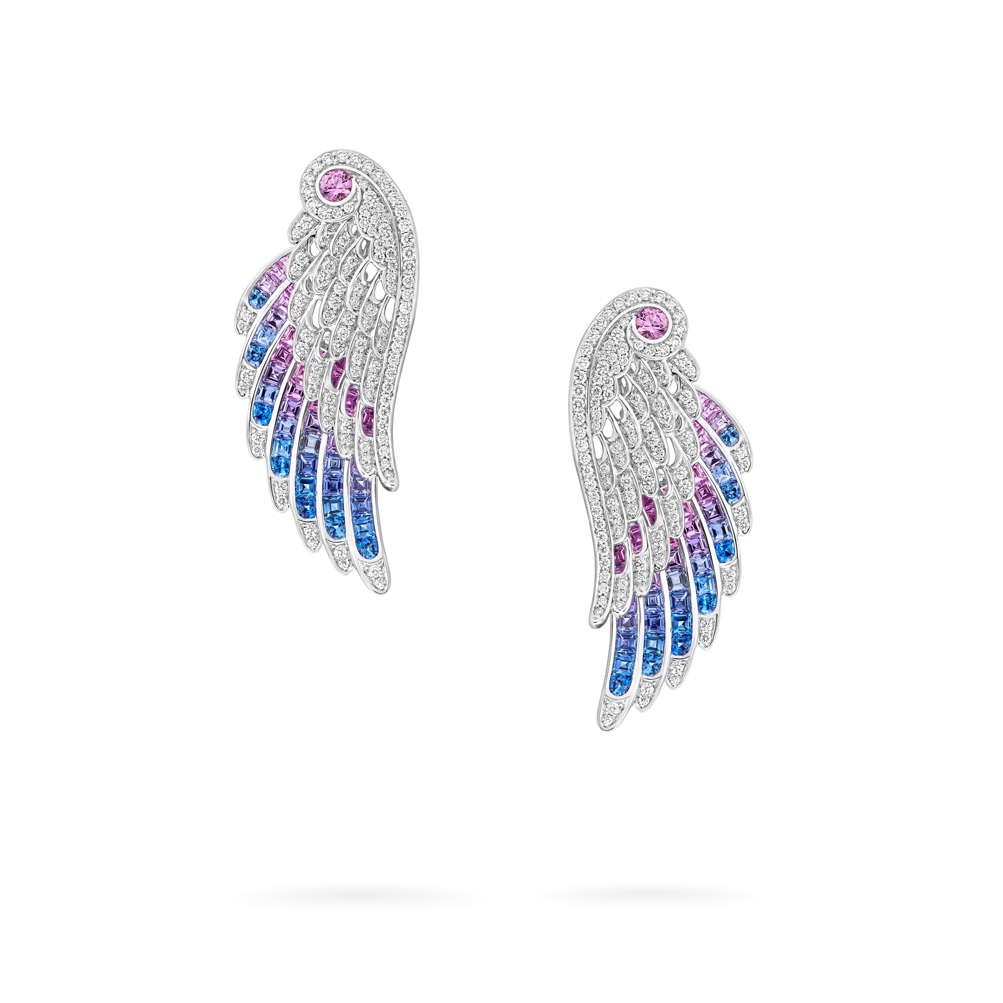 Wings Embrace Bird of Paradise Drop Earrings | In 18ct White Gold with Diamonds and Sapphires