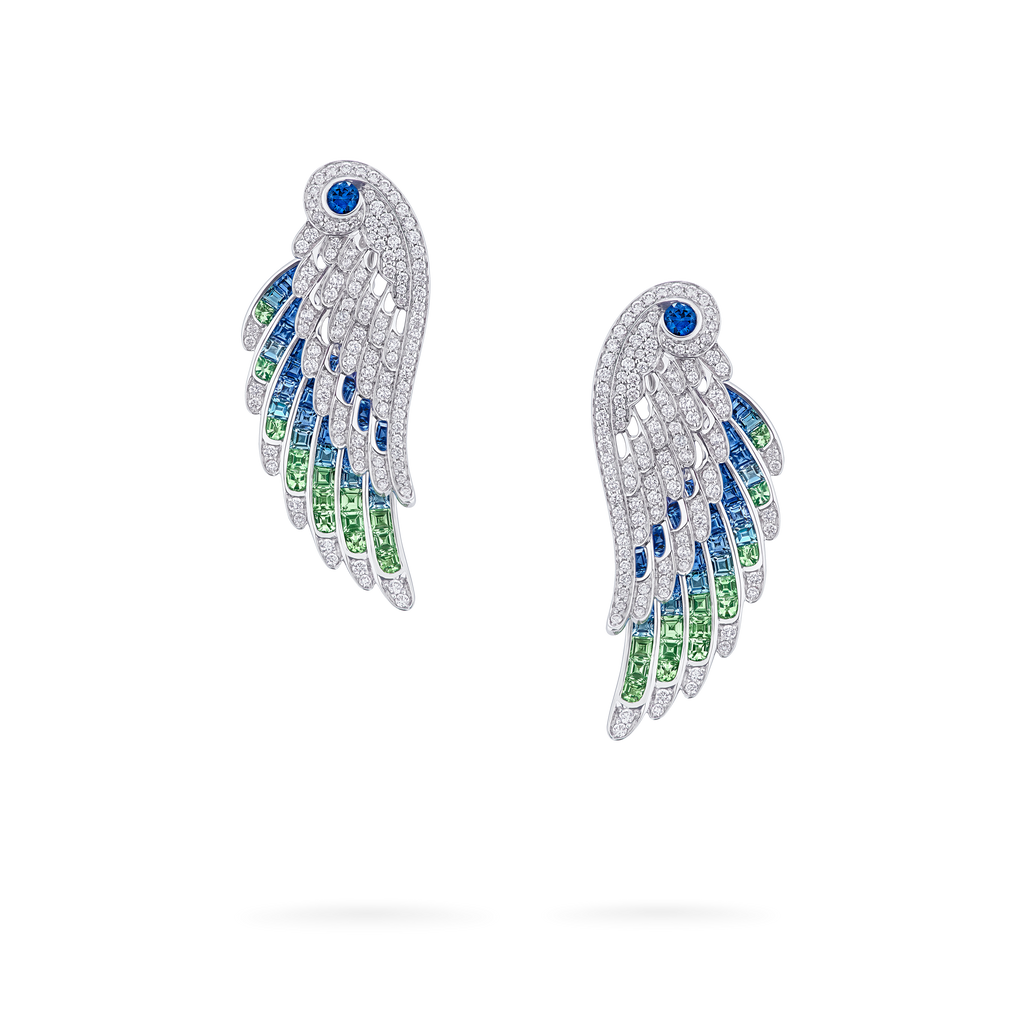 Wings Embrace Peacock Drop Earrings | In 18ct White Gold with Diamonds, Sapphires, Tsavorites and Aquamarines