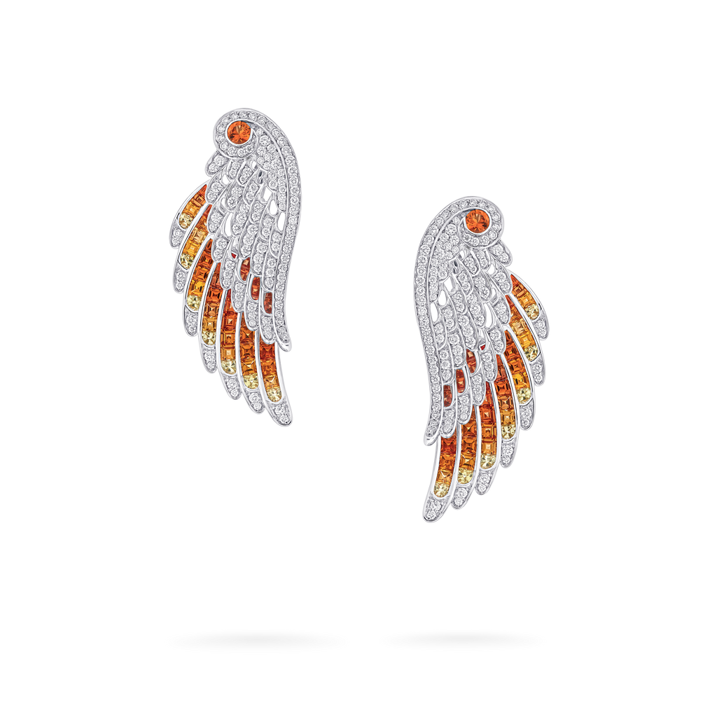 Wings Embrace Phoenix Drop Earrings | In 18ct White Gold with Diamonds and Sapphires
