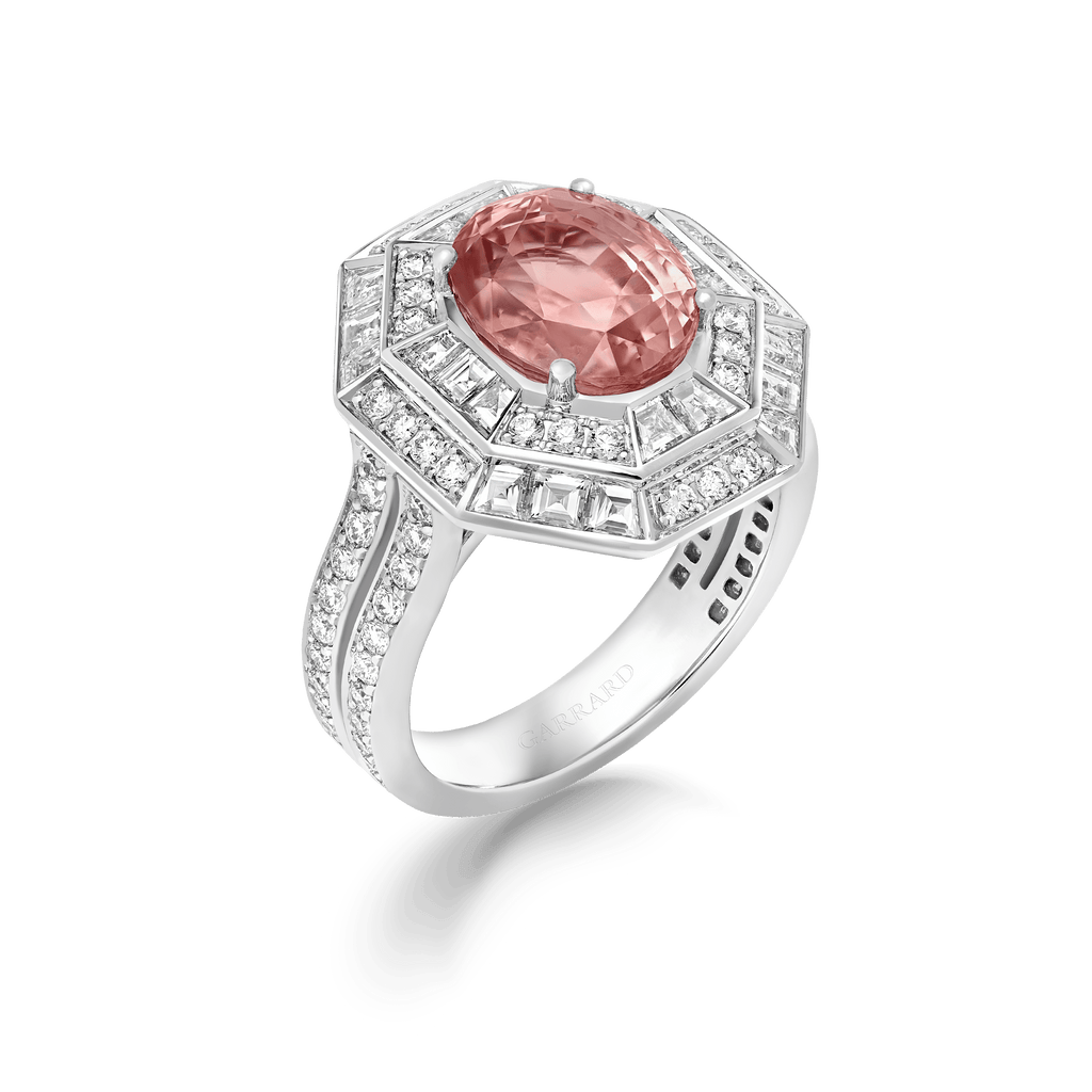 Jewelled Vault 4.91ct Oval Sri Lankan Padparadscha Sapphire Cocktail Ring In 18ct White Gold with Diamonds 2018238