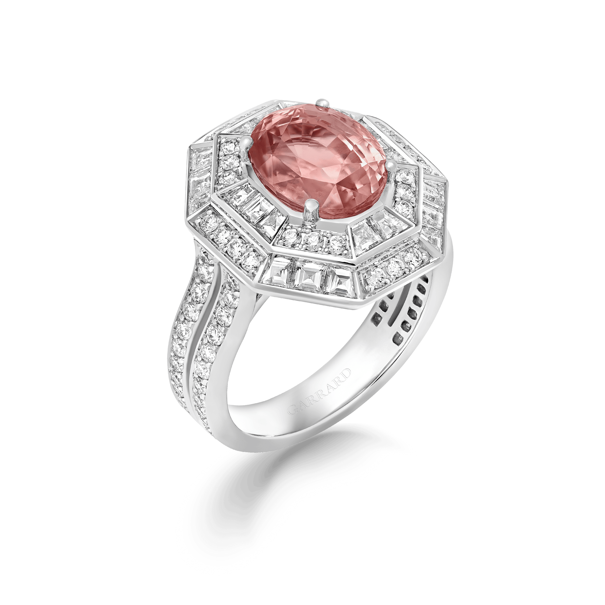 Jewelled Vault 4.91ct Oval Sri Lankan Padparadscha Sapphire Cocktail Ring In 18ct White Gold with Diamonds 2018238