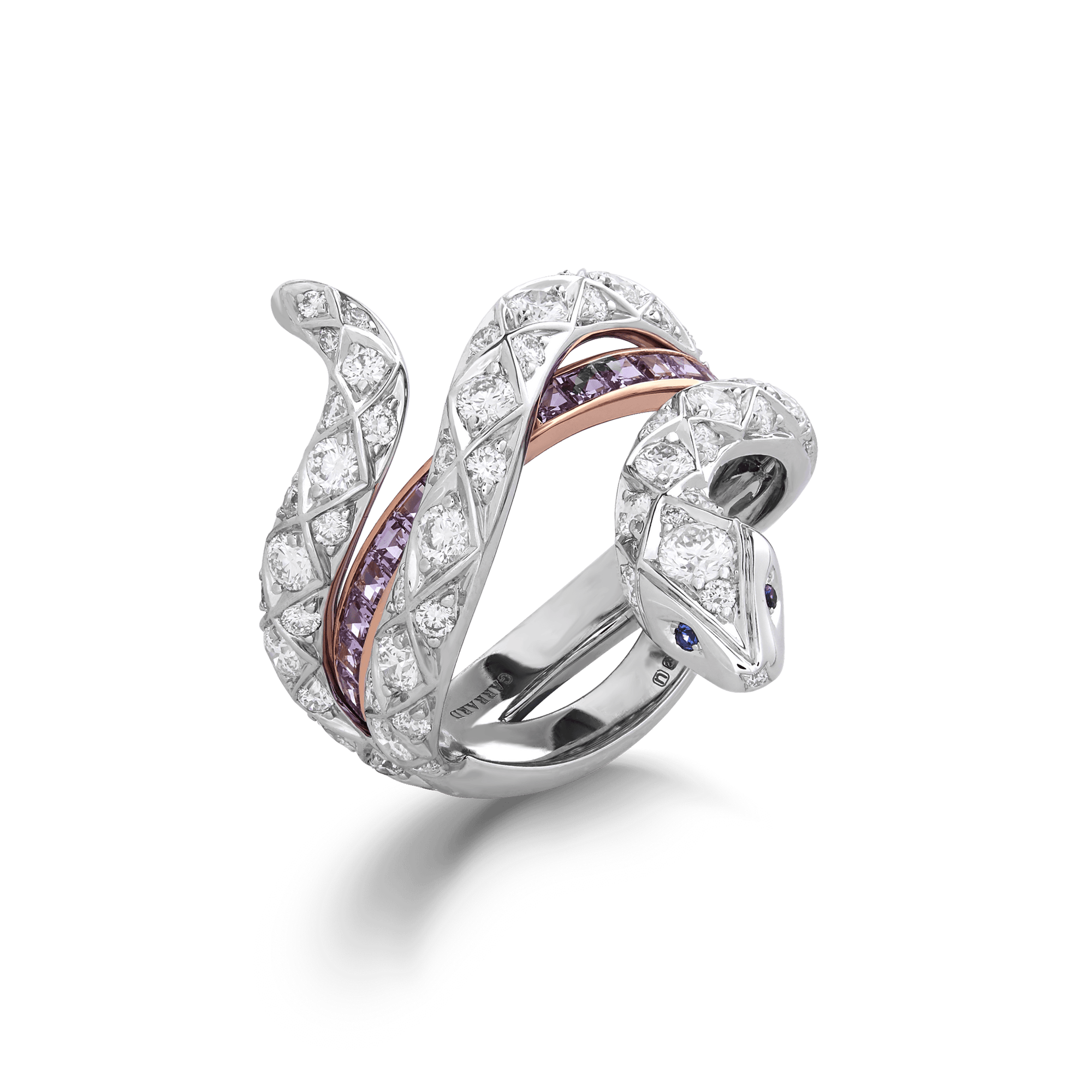 Muse Serpent Purple Sapphire and Diamond Ring In 18ct White Gold with Blue Sapphires. 2016016