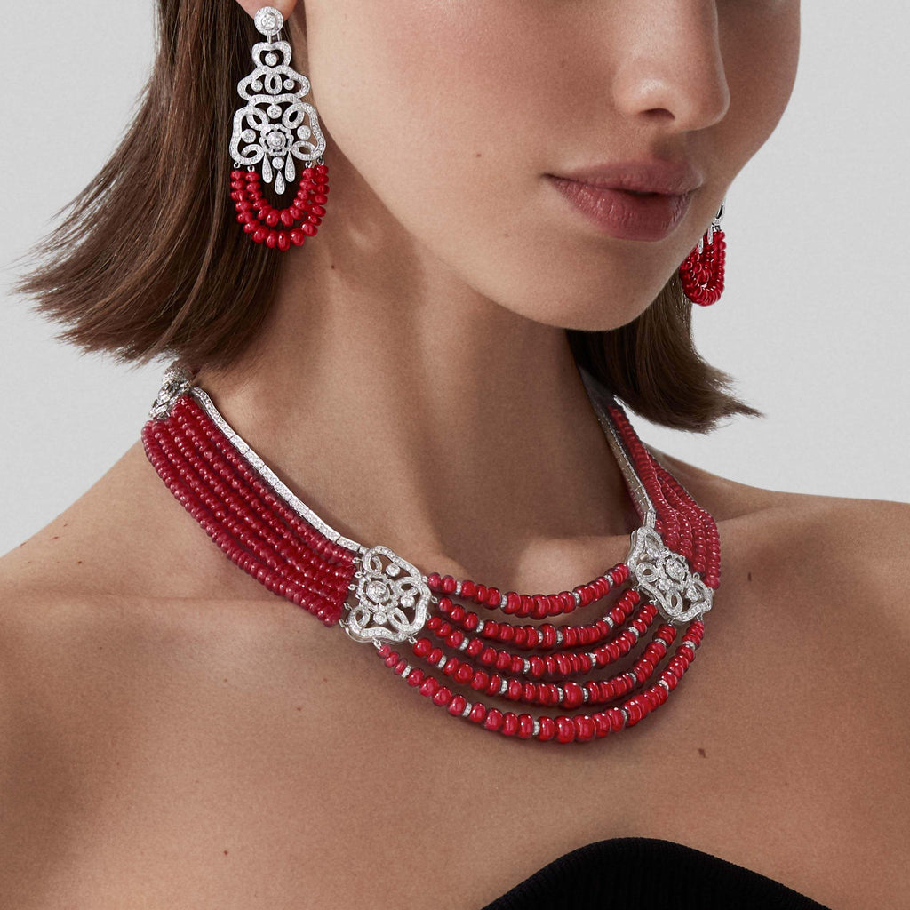 Red Rose High Jewellery Ruby and Diamond Necklace In 18ct White Gold 2015423 and earrings 2015424 on model 2023