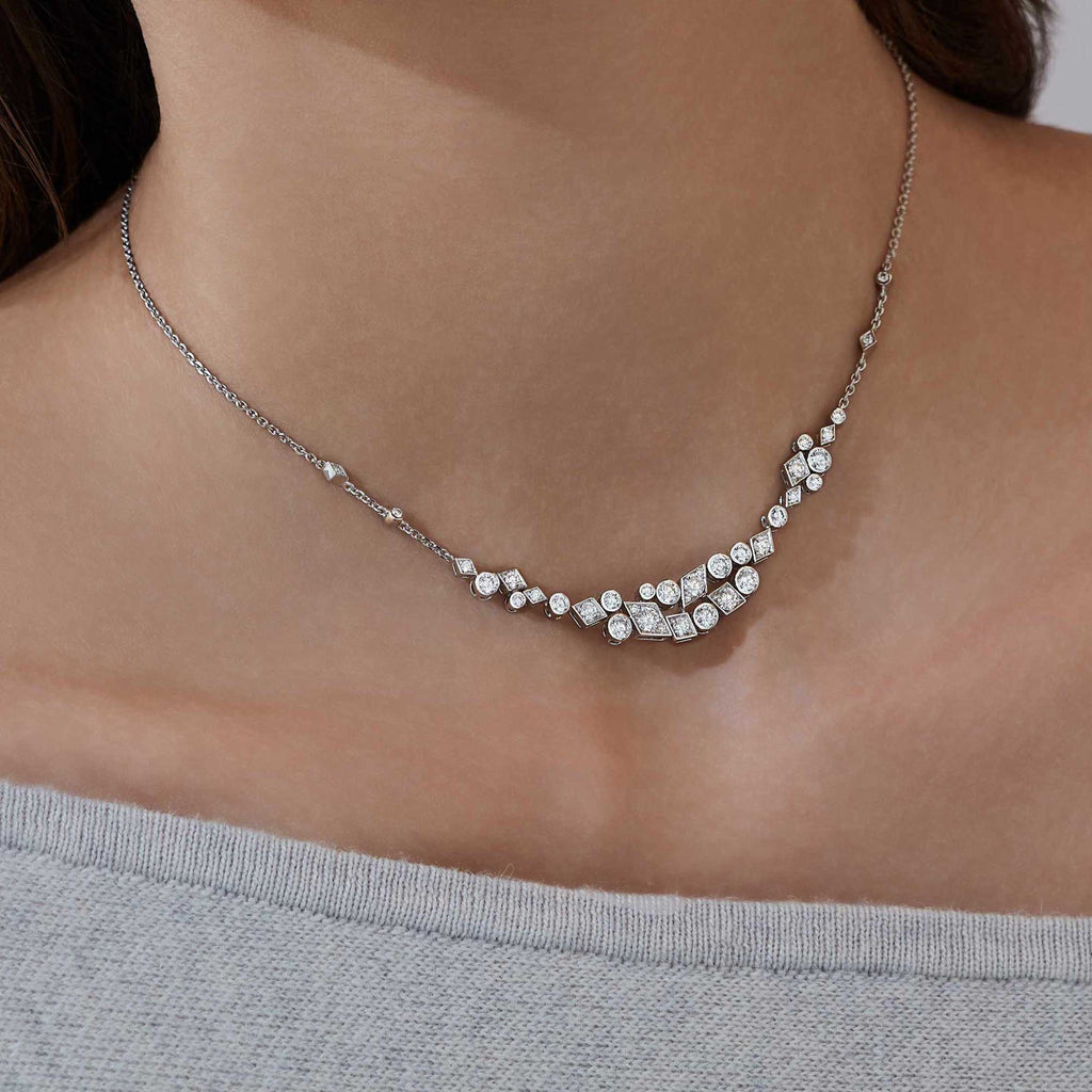 Garrard Albemarle Abstract jewellery Collection Diamond Necklace, 2017422, and earrings, On Model